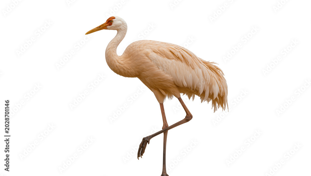 Naklejka premium Elegant pale pink crane bird standing on one leg, isolated on transparent background