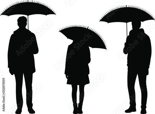 Silhouette of three people holding umbrellas in rainy weather isolated on white background for conceptual design illustration