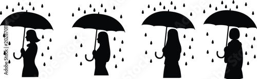 Silhouette of women holding umbrellas under falling raindrops in rainy weather for conceptual vector illustration