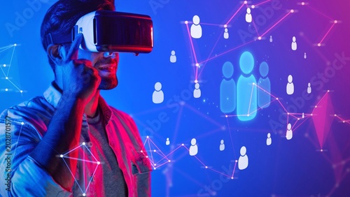 Tableau sur toile A young man explores immersive virtual reality technology, engaging with digital networks and envisioning future communication possibilities through innovative graphics