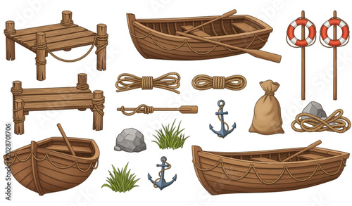 Bild auf Leinwand Old Wooden Dock and Fishing Boat Cartoon Vector Set with Nautical Harbor Accesso