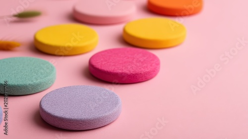 Colorful round makeup sponges arranged on a soft pink background, showcasing various pastel shades and textures.