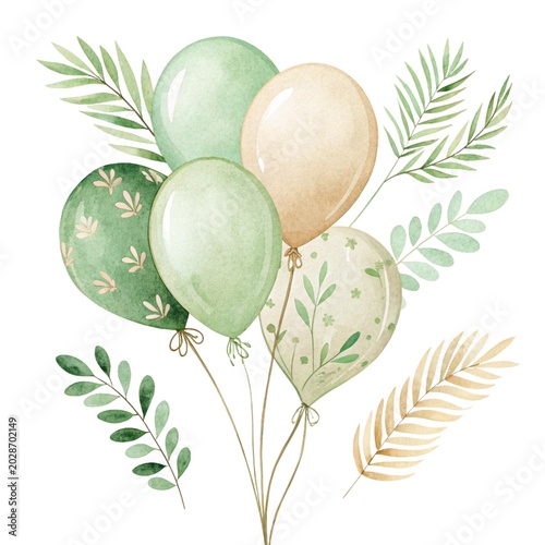 Watercolor Green Balloons with Tropical Leaves