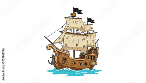 Fotografi Vintage pirate ship sailing on water, nobody, illustration