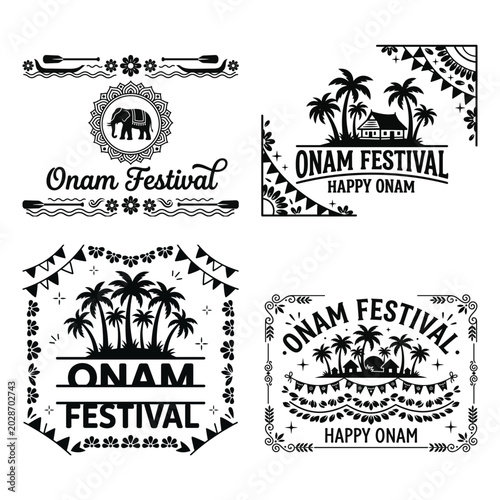 Onam festival tropical palm tag and banner set