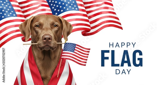 Golden Retriever Dog Wearing Patriotic Bandana Celebrating Flag Day with American Flags