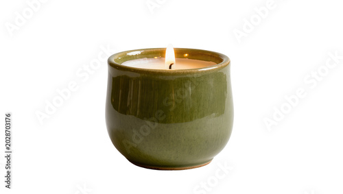 Canvas Print Green ceramic candle with lit wick, isolated on transparent background
