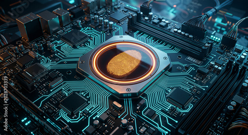 Biometric identification unit embedded in a high-tech motherboard serves as a gateway for secure infrastructure, emphasizing hardware encryption and privacy protection concept