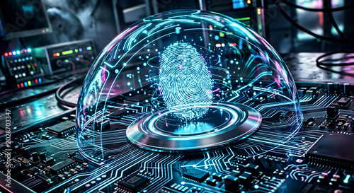 A glowing biometric authentication hologram displayed on a laboratory interface used for high-level clearance authorization, demonstrating futuristic identity defense and technology concept
