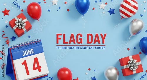 Flag Day celebration with calendar date June 14, patriotic decorations and gift boxes on blue background