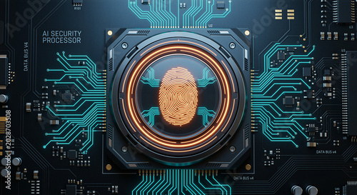 An artificial intelligence security chip displaying neural connections for advanced identity verification used in defense networks, highlighting sophisticated cyber threat prevention concept
