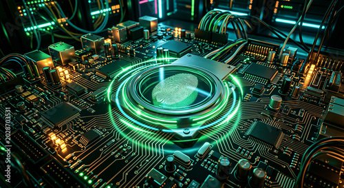 A glowing green fingerprint reader installed on a server motherboard used for monitoring real-time enterprise access, capturing cloud computing infrastructure and data integrity concept