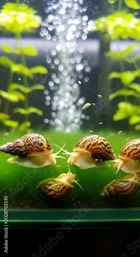 Patterned Aquatic Snail Grazing on Green Algae in Planted Aquarium
