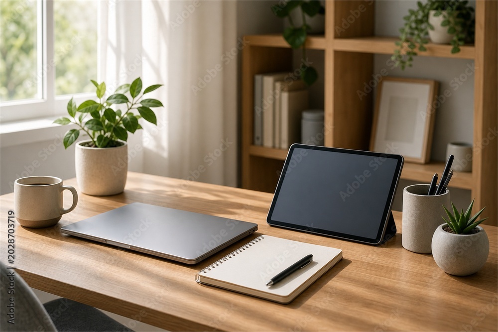 Fototapeta premium Modern home office desk with tablet and stationery