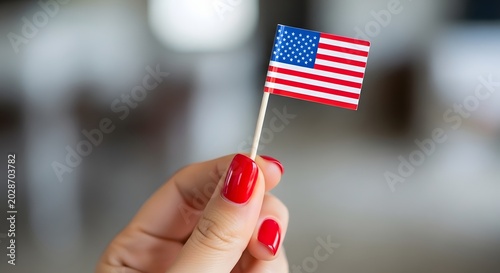 Hand holding small United States flag outdoors in daylight with soft focus background