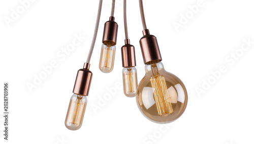 Obraz na płótnie Cluster of Edison bulbs with copper fittings, isolated on transparent background
