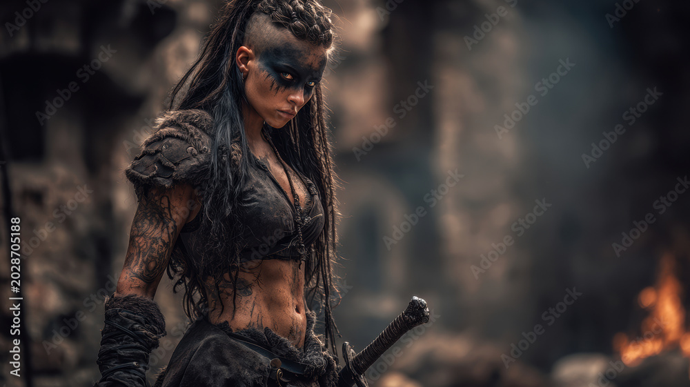 Obraz premium Fantasy wallpaper. A dramatic portrayal of a warrior in a postapocalyptic setting. The warrior has a fierce expression, piercing blue eyes, and a mohawklike hairstyle. They wear dark.
