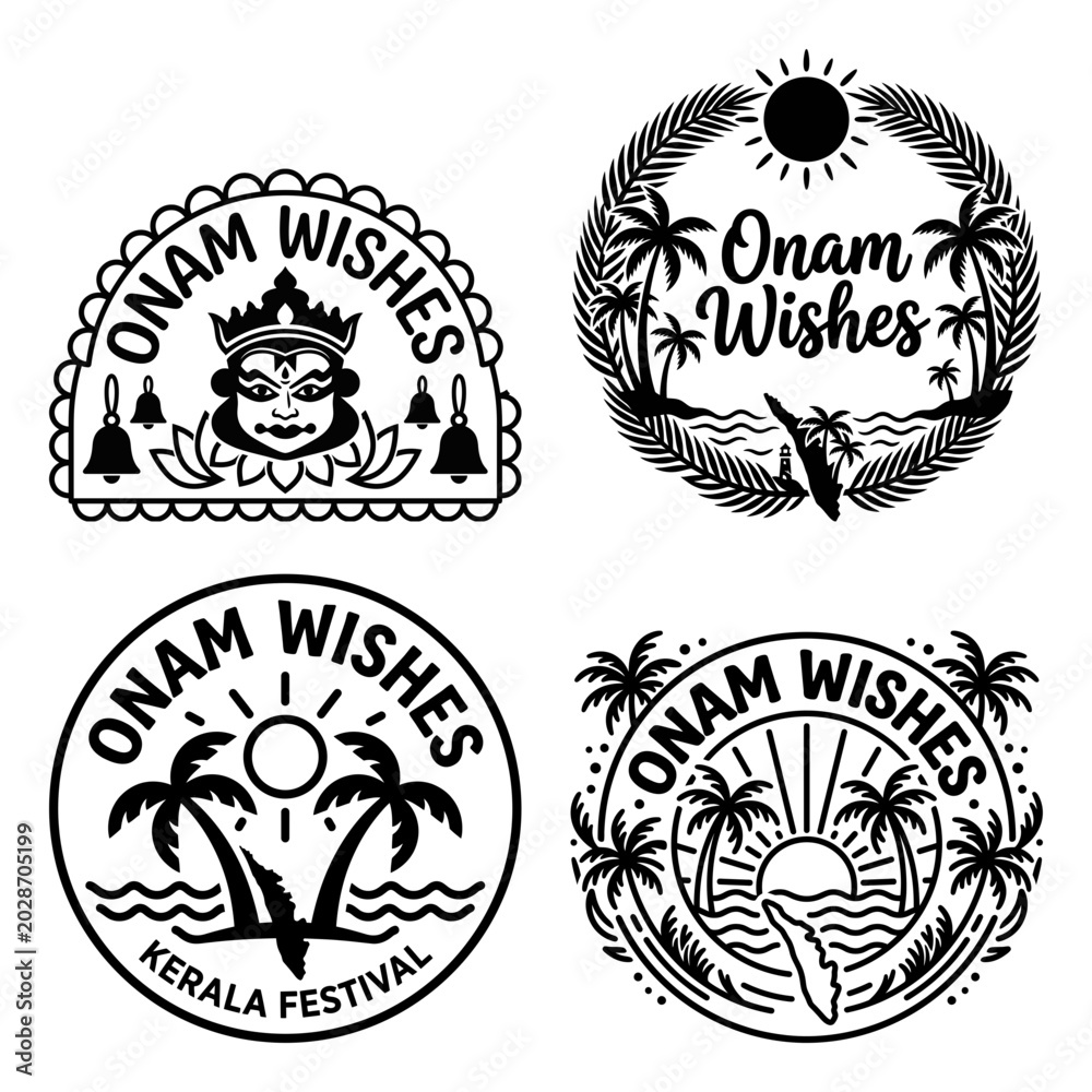 Fototapeta premium Onam wishes Kerala boat sunset emblem set