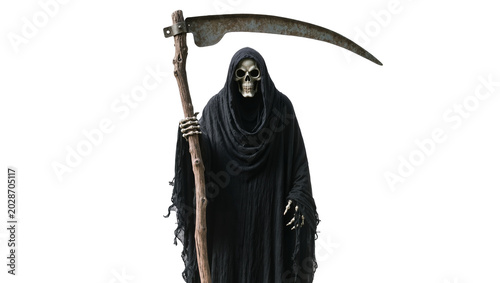 Foto Grim Reaper holding a scythe with a skull face, isolated on transparent backgrou
