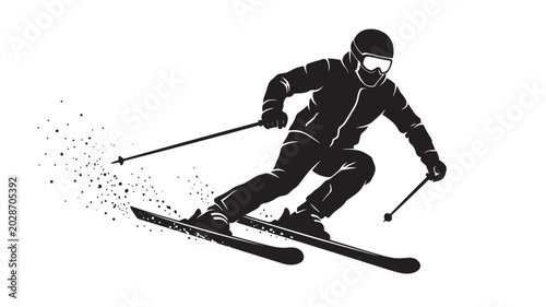 Skier tactical combat silhouette mid-descent with ski poles vector icon for winter sports banners featuring skiing, slope, action pose with graphic