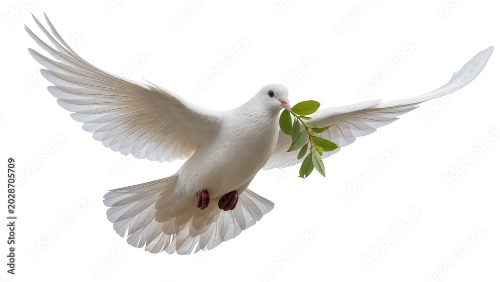 Fototapeta premium White dove with green leaves in beak, isolated on transparent background