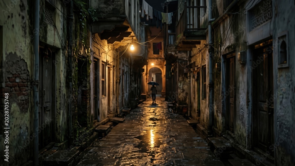Fototapeta premium Rainy Indian Gali Night Reflection | Old City Monsoon Alley Cinematic Scene