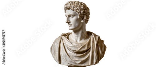 Photos Marble bust of a Roman emperor with curly hair draped toga, isolated on transpar
