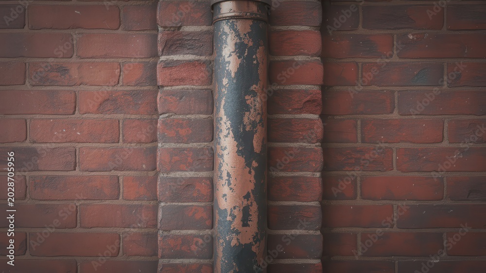 Naklejka premium Close-up of weathered drainage pipe on red brick wall with mortar joints and urban texture background