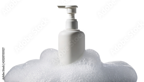 Tableau sur toile White pump dispenser bottle with abundant foam, isolated on transparent backgrou
