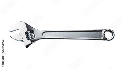 Foto Adjustable wrench tool with metal jaws and knurled adjustment screw, isolated on