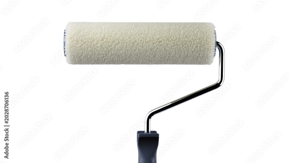 Fototapeta premium Fluffy cream paint roller with metal handle, isolated on transparent background