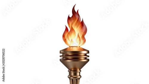 Photography Bronze Olympic torch with bright orange flames, isolated on transparent backgrou