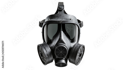 Fotografija Black tactical gas mask with dual filters and tinted lenses, isolated on transpa