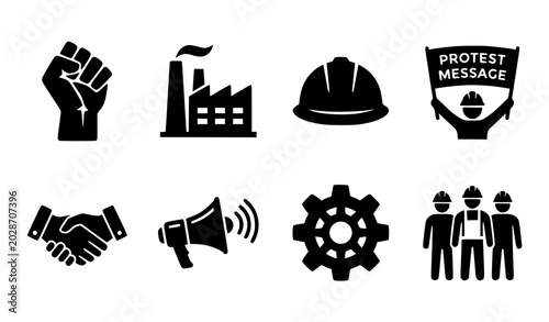 Tableau sur toile Industrial labor union silhouette vector set with worker protest and solidarity