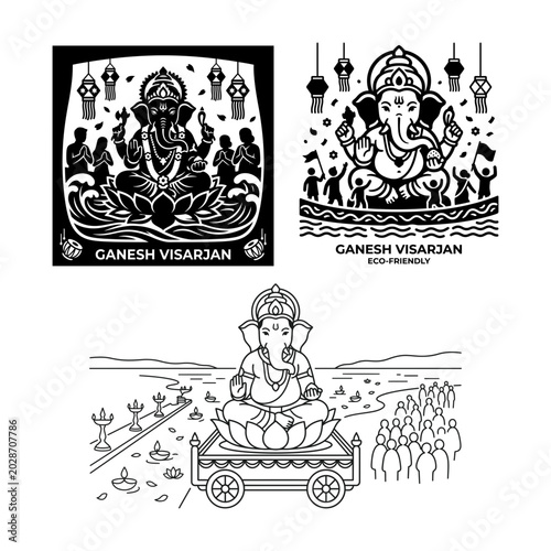Fotografia Ganesh Visarjan cart scene devotional line art