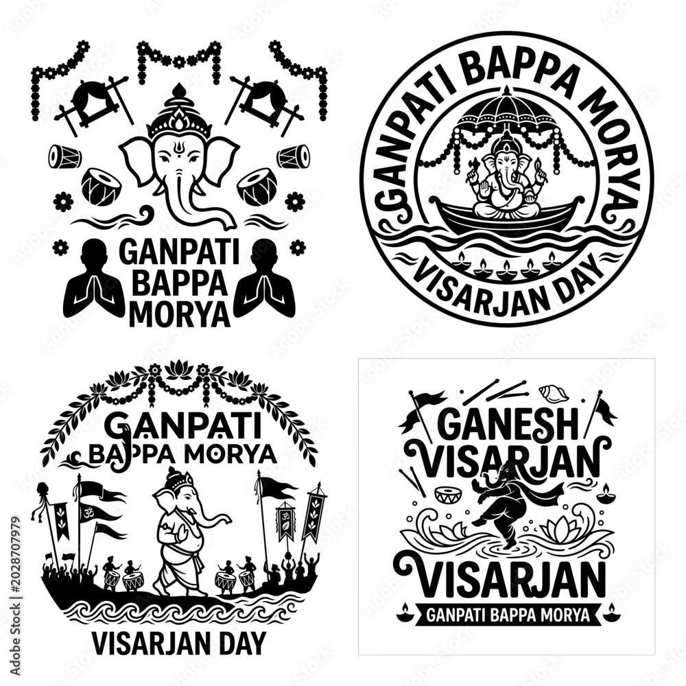 Fototapeta premium Ganpati Bappa Morya ornate festival badge set