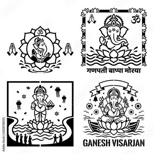 Εκτύπωση καμβά Ganesh Visarjan lotus line art devotional design