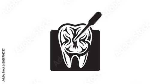 Photos Tooth being worked on dental procedure with stylized braces and mirror tool icon