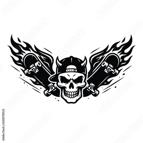 A stylized black and white skull wearing a baseball cap and devil horns is depicted with two flaming skateboards on a clean white background, conveying an edgy and rebellious attitude