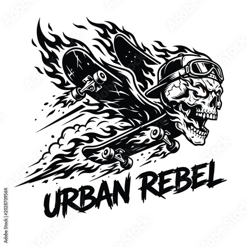 A menacing skull wearing a cap and goggles rides a blazing skateboard, embodying an urban rebel spirit with intense speed and fiery exhaust against a stark white background