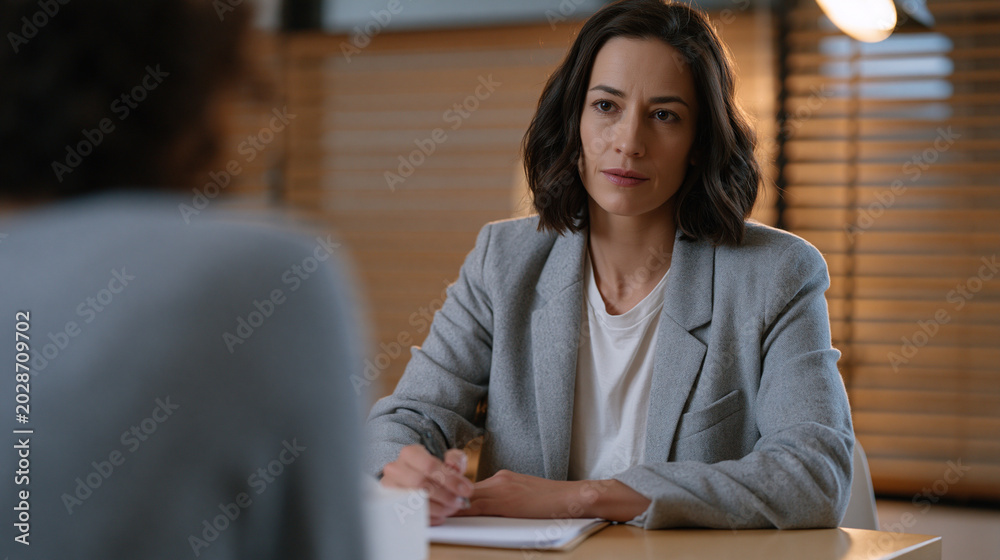 Naklejka premium Female HR professional conducting a confidential intake interview across a small table, notepad open and expression composed yet empathetic, workplace sexual harassment reporting environment with cl