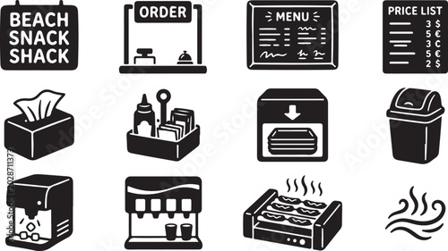 Fotografie Set of black and white flat representing a beach snack shack, including order co