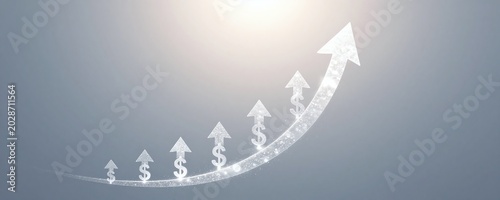 a cascade of upward rising arrows intertwined with shimmering financial symbols
