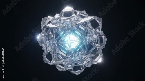 Abstract crystal structure glowing with blue light on dark background  
