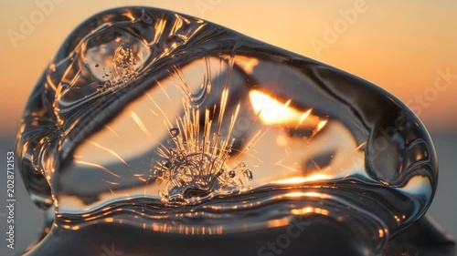 Transparent ice sculpture with sun reflections against sunset background  