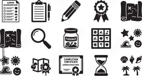 Vászonkép Set of black and white summer scavenger hunt featuring checklists, treasure maps