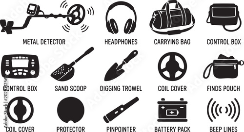 Konstfotografi Set of black silhouette for metal detecting equipment, including a metal detecto