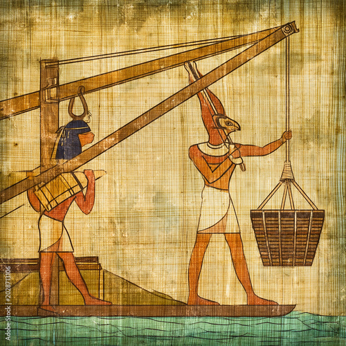 Ancient Egyptians using a shaduf, a water lifting device with a counterweight lever system, representing historical irrigation and engineering on textured papyrus