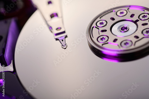 Close up of an open computer hard drive.