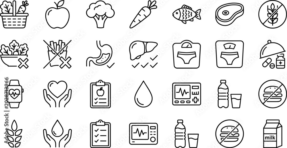 Naklejka premium Healthy Diet Nutrition and Healthcare Line Icons Set with Dieting Food and Fitness Vectors